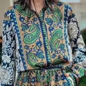 Zara NWT green paisley satin material blouse size XXL